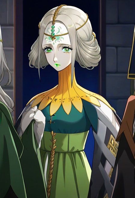 source_anime, 1girl, white skin, grey hair, forehead tattoo, green eyes, green lips, hair decoration, head chain, wrinckles, high yellow collar, medieval dress, white and green dress,<lora:Joanna_-_Metaphor_ReFantazio_-_Pony:1>