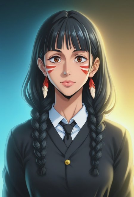 score_9, score_8_up, score_7_up, source_anime, intricate details, anime screencap, perfect balance, official art, extremely detailed CG unity 8k wallpaper, perfect lighting, Colorful, Warm_Front_face_Lighting, (masterpiece:1.0),(best_quality:1.0), ultra high res,4K,ultra-detailed, photography, 8K, HDR, highres, absurdres:1.2, Kodak portra 400, blurry background, bokeh, lens flare, (Anime) (vibrant_color:1.2), professional photograph, night, (cute_face:1.2), 2d, anime, upper body, intricate iris, American, Professional character design, 1girl, female focus, (Brown eyes), perfect eyes, (black-hair), Native American, Indigenous, American Indian, youthful, solo, jujutsu_kaisen_style, character portrait, (perfect-lighting), face, young, (Dark-black-hair), Long hair, (Native American), Indigenous, American Indian, (((wild eyes))), (Native North American), (Upturned eyes), (high cheekbones), (strong jawline), (Black Hair), ((((Native-American-Eagle-feather-braids, Native American Eagle feather accessories)))), (Black Cowboy Jacket), (((wild eyes))) ((Bobbed Bangs)) (((Slanted-Eyes))) (Psycho) (Happy) (Friendly) (Goofy) (Dark Black Jacket) (White Dress Shirt), (Warpaint), (Redwood Forest, Pacific Northwest Forests), (Inuit), (Tan skin), (Dark Skin), (Brown skin), (bobbed hair), White Eagle-Feather-Earrings, Thick Bangs, Bobbed hair, Bob-cut, White-Feather-Earrings, Brown-skin, Inuit Face-paint, Full-Bangs, Wide-Bangs, Thick-Hair, Native Face-paint, Black Tie