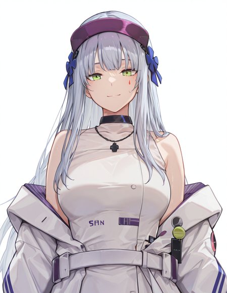 Volumetric Lighting, (masterpiece), (best quality), (ultra-detailed), masterpiece, source_anime, score_9, score_8_up, score_7_up BREAK, illustration, disheveled hair, detailed eyes, perfect composition, moist skin, intricate details, detailed eyes, detailed face, detailed fingers BREAK, grey hair, light blue hair, long hair, green eyes, teardrop facial mark, BREAK, WhiteNegroni, WN_hair_bow, teardrop facial mark, WN_dress, WN_choker, WN_necklace, WN_belt,WN_coat, open coat, WN_visor_cap, BREAK, ((white background)), looking at viewer, smile,upper body