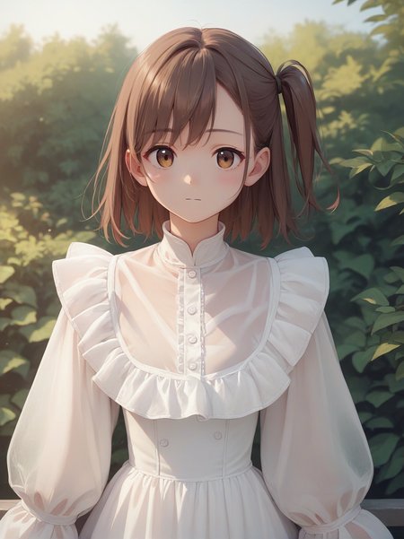score_9, score_8_up, score_7_up, score_6_up, source_anime, <lora:cutesy_dress_v0.2-pony:1> 
1girl, brown hair, one side up, 
white dress, frilled dress, sleeves past wrists, see-through,
upper body, outdoors,