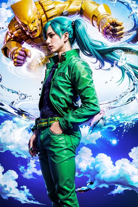 masterpiece, best quality,dioxth,(hatsune miku:1), long hair,green hair,(twintails:1.2),