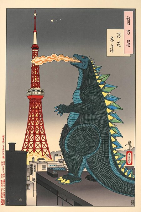 tsukioka1 Japanese woodblock print ukiyo-e. Godzilla standing beside Tokyo tower, breathing fire <lora:schnell_v1.0:1.0> <lora:tsukioka_ukyo-e4_nocap_d8a4:1.0><lora:798026415896342733:0>