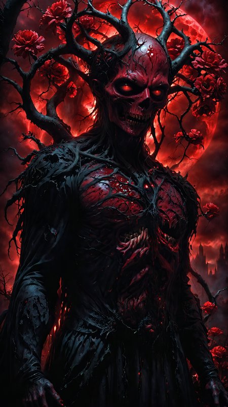 Horror theme, hyperrealistic, demonic tree with sinister branches, blood red moon in the background, bloods flowing from the eyes, tears of blood, glowing bloods,  skulls with glowing eyes scattered around, vibrant red flowers, ethereal and eerie lighting, dramatic and haunting shadows, intricate details, terrifying ambiance, realistic textures, swirling mist, horrifying and creepy, gothic elements, dark crimson and black color palette, ultra-quality, foreboding scene, sinister mood, ethereal glow, detailed background, magical elements, mysterious and terrifying, lifelike depiction, horror setting, dark sky, surreal and nightmarish, demonic presence, twisted and gnarled roots
 <lora:zavy-cntrst-sdxl:2> dark, chiaroscuro, low-key