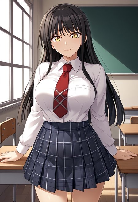 score_9,score_8_up,score_7_up,source_anime,5_figner,2d_animation,game cg,BREAK,1girl,solo,Kamiya Rin,black hair,long hair,brown eyes,yellow eyes,
plaid skirt, white shirt, school uniform,red Short necktie,  black socks,brown loafers,
large breasts,smile,front view,cowboy shot,looking at viewer,
school,class room,desk,chair,blackboard,window,
masterpiece,best qualit,ultra-detailed,illustration,an extremely delicate and beautiful,beautiful detailed eyes,unity 8k wallpaper,high resolution,anime CG,official_art,