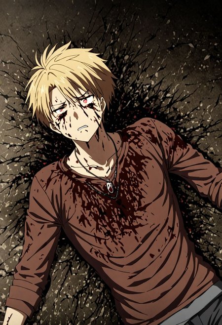 high resolution, solo, best quality, 1Boy, Yamato Ishida, Blond Hair, Necklace, fell down, revenged, dying, OverallDetail