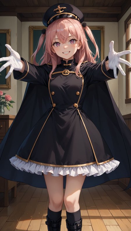 score_9, score_8_up, score_7_up, source_anime,  big smile, military headwear,
indoors,standing,outstretched_arms,:d,cowboy shot,,   <lora:Inui Sajuna :1> aasajuna,pink eyes,purple eyes,pink hair,long hair,two side up,hair between eyes,bangs,hair flower,black rose,black cape,dress,(black dress:1.4),long sleeves,(white gloves:1.1),(black skirt:1.4),frilled skirt,socks,black socks,boots,black footwear,