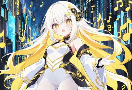 Best quality, masterpiece, sci-fi extremely dark abyss city, music notes, one singer girl with round pert breasts, majestic walk, hands gesturing, adorable pure white long loose hair, simple hairpin, adorable smooth happy face, singing, open mouth, bright yellow eyes, detailed kawaii makeup, beautiful white dress with long sleeves and gloves, slim waist, very short miniskirt, white tights, thick clavicle, thick pelvis, thick hips, thick thighs, heels