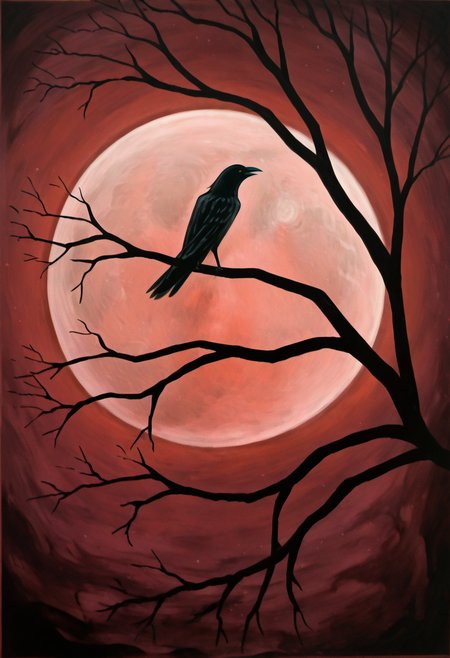 <lora:StylizedNightscape_IXL:1.0>,   N1ght, solo, sky, tree, bird, moon, full moon, branch, bare tree, crow, red moon