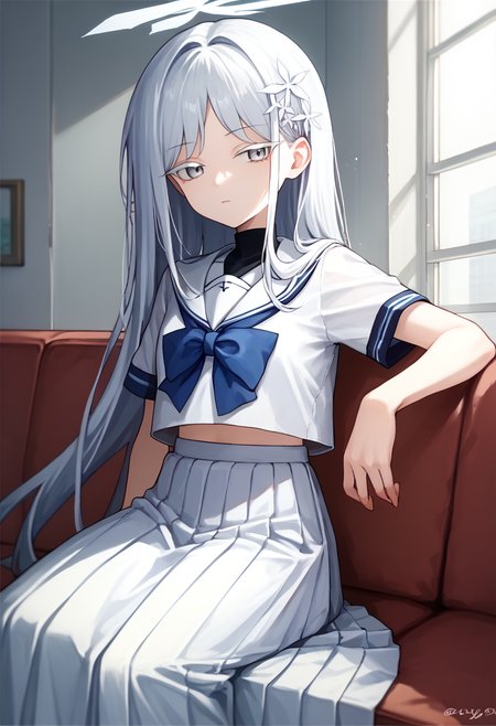 score_9, score_8_up, score_7_up, source_anime, solo, 1girl, nagusa goryou, expressionless, looking at viewer, sitting, couch, hair ornament, halo, colored eyelashes, school uniform, white serafuku, white shirt, white sailor collar, blue bow, short sleeves, long skirt, white skirt, pleated skirt, indoors <lora:ba_goryounagusa_ponyXL:1>