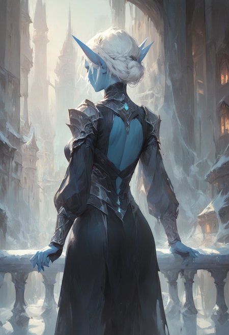 Score_9, Score_8, Score_7, elf, Blue Skin, A snow elf with white hair wearing a slinky black dress as she stands on a city balcony overlooking a fantasy city at night, snow elf, facing away from the viewer looking out at the city.