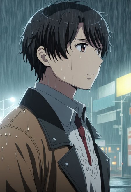 high resolution, solo, best quality, 1Boy, Inaho Kaizuka, Black Hair, Brown Eyes, heavy rain, downtown, night, looking down, sad, leather jacket, looking away, wet, wet hair, OverallDetail