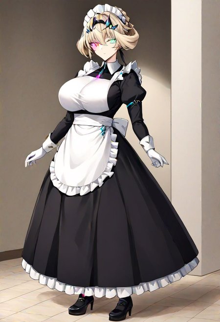Barghest_Maid, platinum blonde hair, twin braids, short hair, sidelocks, hair up, hair bun, heterochromia, glowing eyes, maid headdress, frilled dress, pleated dress, juliet sleeves, maid apron, collar, black skirt, long skirt, white gloves, 
masterpiece, best quality, very aesthetic, absurdres, 1milf, 1adult, solo, full_body, tachi-e,