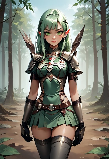 score_9, 1girl, Digital illustration featuring a fantasy-style elven character in a forest setting. The character is A 25-year-old goth darkelf with perfect face and perfect well-endowed hourglass figure lime green hair in long messy hairstyle. She is a darkelf with bleak dark skin and pointy ears, beautiful smile. she is dressed in full medieval-style armor, including shoulder plates, wrist guards, and a belt with a green cloth skirt adorned with various pouches and metal accents. The background is a lush, green forest with sunlight filtering through the trees, creating a mystical atmosphere. The character's facial expression is stern and determined, with green eyes and detailed tattoos on her arms.  WORLD MORPH LEAVES, RED LEAVES, DEAD LEAVES, PLANT GIRL, doom armor, thigh highs