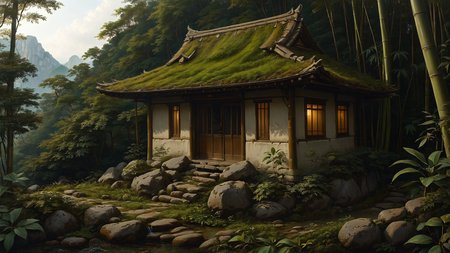 A hilltop Japanese tea house in a bamboo forest, where the rustle of leaves creates a serene ambiance,, Spotlighting,, sunbeams, realistic, 8k, complimentary colors, masterpiece, by Greg Rutkowski, matte painting, trending on artstation  <lora:SDXLFaeTastic2400:0.8>  <lora:EnvyFeverDreamXL01a:0.7>   <lora:The_Classic:0.8>