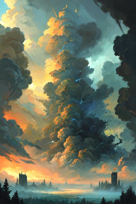 hyperrealism oil painting, ghost of the castle,
thunderstorm, and many small clouds, and slightly cloudy, fantasy forest,
an expansive ancient forest, featuring towering oaks, diverse wildlife, a variety of flora,
{dawn|dusk|night},
 <lora:more_details:0.2>,
 <lora:EnvyFantasyMix05:0.7>,
 <lora:ghost:0.4> guiguai,
 <lora:FantasyRuins:0.3> FanRu,