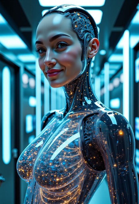the most realistic, photorealistic photo ever taken [PORTRAIT MID BODY SHOT , extremely detailed, 8k, BEAUTIFUL FEMALE CYBORG (SEDUCTIVE SMILING:1.5), looking at the camera, IN A HIGH TECH FUTURISTIC LABORATORY, LEDS,BIOMECHANICAL BODY PARTS, (some body parts covered with synthetic skin:1.5), (glass TRANSPARENT ULTRA DETAILED BODY shell:1.5) SHOWING blue and gold CIRCUITRY shining bright INSIDE THE BODY, Detailed hand, (DYNAMIC POSES:1.5), Perfect hand, ]
