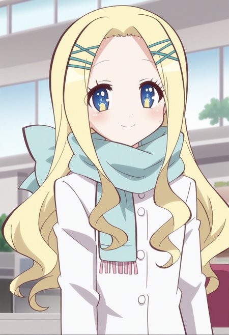 score_9, score_8_up, score_7_up, score_6_up, score_5_up, score_4_up , anime coloring ,BREAK source_anime, anime,screencap,
1girl, solo, gjbu geraldine, long hair, hair ornament, white coat, scarf <lora:PonyXL GJBU Geraldine V1:1>
indoors, mall,
smile, looking at viewer, upper body