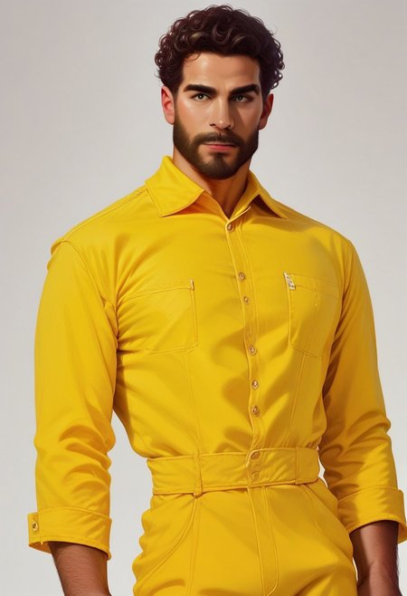 score_9, score_8_up, score_7_up, high quality, detailed, concept art, realistic, mid-waist portrait, 1man, solo, red curly hair, beard, bara, yellow jumpsuit