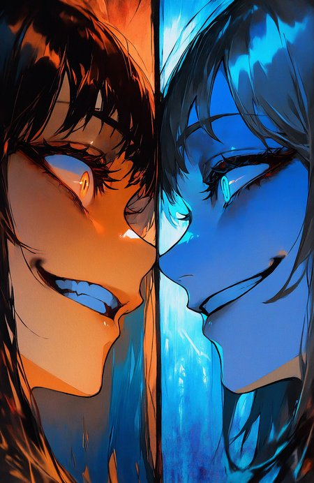 2girls, general, opposing sides, split theme, light rays, profile, face-to-face, blue theme, orange theme, film grain, static, looking at another, smirk, heart, evil smile, gesugao, masterpiece, best quality, very awa, newest, <lora:Eyes_Lora_Pony_Perfect_eyes:0.60>, <lora:ponyv5_noobV065S_1_adamW-000013:1.00>