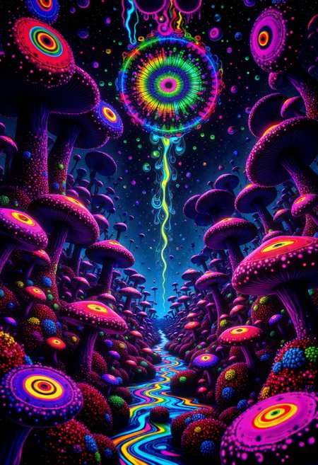 A massive mushroom forest where each mushroom cap is made of hundreds of swirling eyes. The eyes blink in unison, releasing waves of bo-psychedelic energy into the sky. Vibrant neon spores float through the air, creating rainbow trails that twist into fractal patterns, filling the forest with an eerie, psychedelic surrealism., <lora:Flux\boFLUX Psychedelic Surrealism v1.safetensors:1.0:1.0>