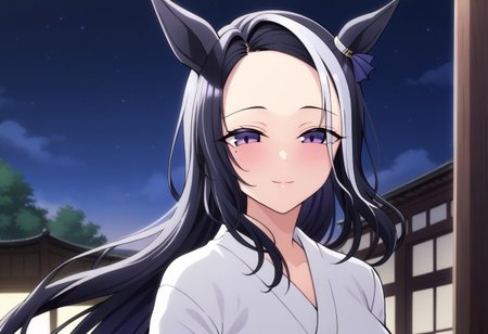 18 years old ,women,solo,1girl,nsfw,
rmnsd, horse girl, multicolored hair, streaked hair, ear ornament, mole under eye saimin.il,
saimin, tsubaki,  white clothes, white kimono, 
clothed girl, kimono,