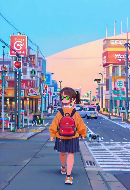 Masterpiece, high quality, ultra-detail, 8K resolution, sharp focus, 2d, (flat color, no lineart, Flatline, Flat vector illustration),
1cute girl, chubby girl, happy,  glasses, green eyes, dark brown hair, no bangs, ponytail,  with a backpack, turist, walking, camera, Japanese Suburbs, shop, scenery, outdoors, road, sign, building, street, road sign, city, power lines, utility pole, traffic light,crosswalk, lamppost, sidewalk, cityscape