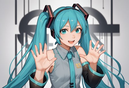 score_9, score_8_up, score_7_up, source_anime, <break> solo, 1girl, hatsune miku, smile, open mouth, looking at you, fakemrbeast, hands up, aqua hair, twintails, aqua eyes, grey shirt, sleeveless shirt, aqua necktie, black sleeves, detached sleeves
 <segment:yolo-face_yolov8m.pt,0.4,0.5//cid=1>