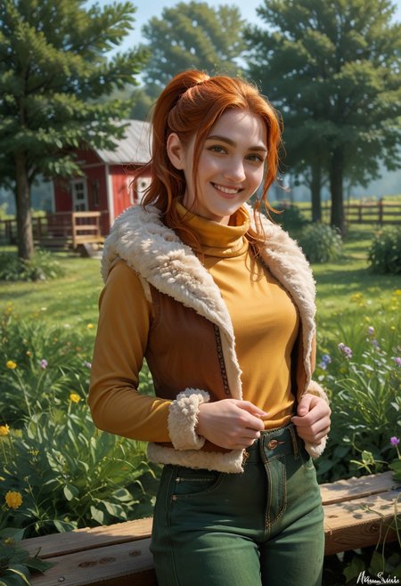 score_9, score_8_up, score_7_up,, high res ima , source_photo, source_real, (realistic:1.4),
1girl, cowboy shot, solo, smile, hands back, pride, ,
outdoors, farm, garden, <lora:Robin_-_IL:0.8> Robin_SDV, green eyes, orange hair, ponytail, yellow turtleneck, green pants, brown vest, fur trim, masterpiece, best quality, good quality, newest