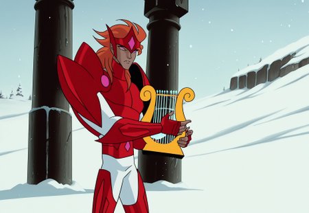 masterpiece, best quality, amazing quality, 1boy, dcaustyle,benetmime, long wavy orange hair, slender figure, red circlet, pink eyes, red armor, red pauldrons, white sleeves, red vambraces, red fingerless gloves, red belt, white pants, red greaves, holding harp, art deco pillars, snow background, retro artstyle