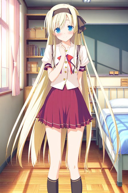 masterpiece,best quality,good quality,rating safe,memoriakosame, hisakaki_kosame, 1girl, solo, long hair, very long hair, blonde hair, blue eyes, hairband, very long hair, school uniform, skirt, socks,game cg,standing,smile,looking at viewer,blush,bedroom,upper body