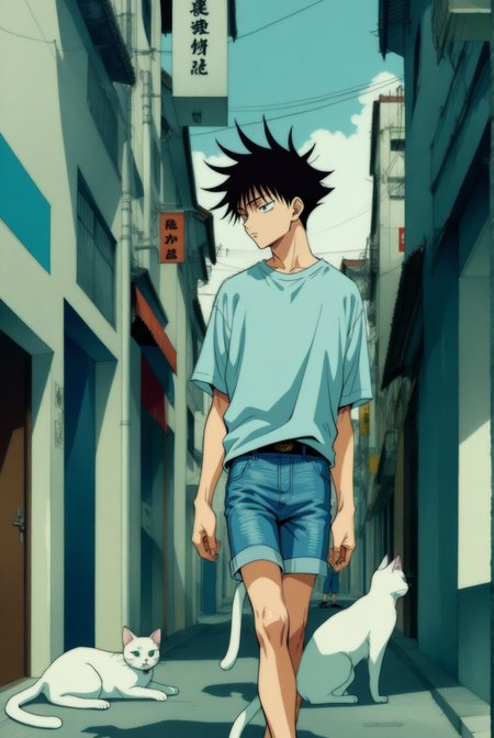 1boy, male focus, fushiguro megumi, jujutsu kaisen , (90s anime style:1.5), front view, outdoors, street view, (looking down:1.3), perfecteyes, shirt, denim shorts, (a single white cat sitting next to them) <lora:detailed_notrigger:1> <lora:ParchartXL_CODA:0.2> <lora:Isometric Cutaway:1> <lora:PerfectEyesXL:1> <lora:Surreal Harmony:0.2>