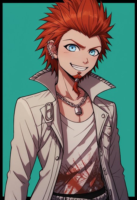 score_9, score_8_up, score_7_up, source_anime, highly detailed, 
leokuwata, 1boy, solo, male focus, jewelry, smile, ring, red hair, spiked hair, grin, belt, earrings, blue eyes,
necklace, looking at viewer, jacket, chain, ear piercing, piercing, goatee, print shirt, upper body,
simple background, border,