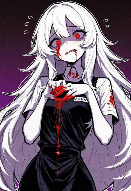 <lora:748cmSDXL:1>, best quality, masterpiece, 748cmstyle, 1girl, white hair, really long hair, red eyes, pale skin, worried embarrassed expression, upper body, white outline, sketch, small breasts, natural hand pose, fang, clothed mouth, muted purple color focus, ((blood dripping down face)), blood splattered on clothing, deli uniform, head tilt