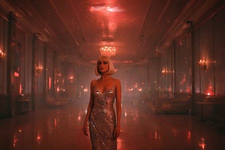 cinematic still, Elvira Hancock in the Scarface sequel standing alone at the far end of a grand hotel ballroom turned infernal dance hall, her sequin dress glimmering like frozen flames, head cocked slightly as if listening to ghosts, platinum hair perfectly styled in a blunt bob, wide shot, low-angle perspective, setting: a vast, mirrored ballroom drenched in sickly pink neon and drifting ash, mood of spectral grandeur and silent accusation, overhead strobe flickering like a dying heartbeat, color palette of wilted rose, charred silver, and emberorange, style reference The Shining’s Overlook Hotel ballroom fused with Miami nightclub excess
