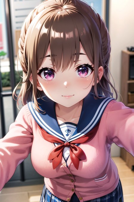 (masterpiece, best quality, beautiful detailed eyes, absurdres, closeup), 1girl, hayasaka mei, uniform, pink jacket, cardigan, pink cardigan, red ribbon, blue sailor collar, blue skirt, looking at viewer, blush, <lora:hayasakaMeiIdoly_v10:0.7>