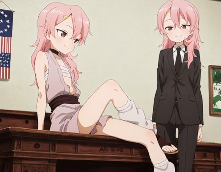 nsfw, highres, best quality, masterpiece, Female president of the United States, oval office, yellow walls, USA flags hanging, the White House, sitting behind the Resolute Desk, signing presidential bills, black suit, black tie., oval office, resolute desk, desk, Benisumomo, Long pink hair, Pink eyes, Fair skin, White sleeveless top, Pink skirt, White thigh-high socks, Ninja sandals, Headband with clan symbol, Cheerful demeanor, benisumomo, long hair, hair ornament, red eyes, pink hair, hairclip, flat chest,