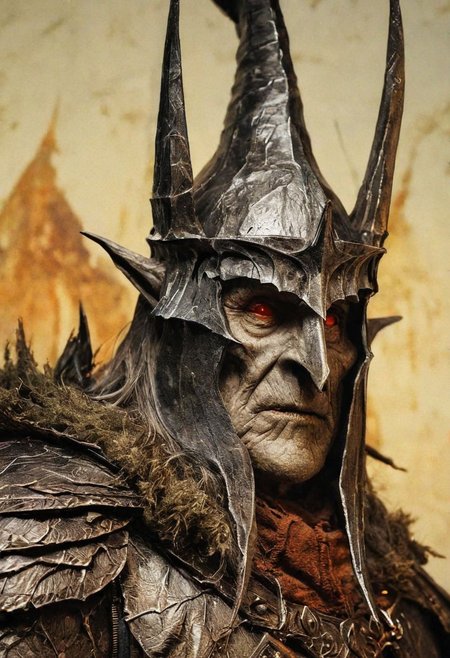 Ellis-RealismBoost, Close Up detailed photograph of the Witch King from The Lord of the Rings, perfect saturation, color photography, vintage, top light, masterful painting in the style of Anders Zorn | Marco Mazzoni | Yuri Ivanovich, Todd McFarlane, Aleksi Briclot,