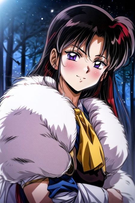 best quality 1girl Setsun4 solo long hair,  (night time) forest background black hair very long hair purple eyes multicolored hair armor, small, (fur trim) (medium body),<lora:EMS-179-EMS:0.800000>,<lora:EMS-293862-EMS:0.800000> bow, hair_bow, hair_tubes, red_bow, brown_hair, long_hair, bangs, ascot, frilled_bow, yellow_ascot, blush, smile, hair_between_eyes, athletic, armor, miko, strengthmda,  Smiling, happy, dragoon helmet