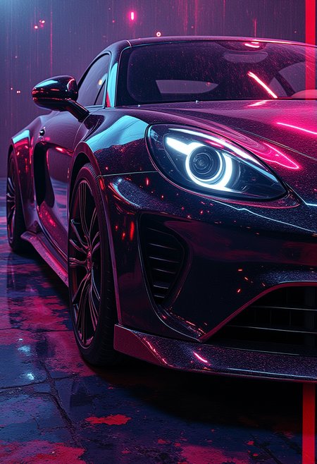 Alpine A110 car, neon ambiance, abstract black oil, gear mecha, detailed acrylic, grunge, intricate complexity, rendered in unreal engine, photorealistic, neon.
 <lora:alpine-a110:0.65>
<lora:Ars_MidJourney_Style_-_Flux:0.75>