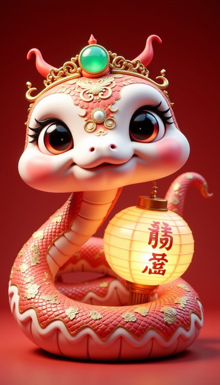 pinkchibisnakeyear,
A beautifully adorned snake with intricate red and gold patterns, wearing a delicate jade crown. It coils elegantly around a glowing lantern inscribed with ancient blessings, celebrating the Year of the Snake.