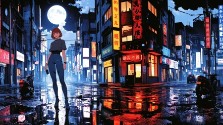 Citizen of the Dominican Republic graduated bob light brown hair (young woman), anime, illustration, cyberpunk, futuristic, (extremely detailed), (portrait), (standing:1.3), (happy smile), (beautiful cyberpunk tokyo buildings landscape), wet floor, windows, motorbike, car, moon in the sky, (bright neon lights), screen holograms, kanjis, raytracing, hdr, high contrast, ethereal cinematic lights, backlight, reflections, (legs), heels, (sharp focus), luminous Fluorescent Blue robot glossy brilliant armor, body lights, body circuits, glossy lipstick, necklace, chandelier earrings, colorful, retrowave, shadows, vibrant colors, pretty, beautiful, feminine, sexy, lovely, in love, adorable, fashion,  <lora:Hand v2:1> <lora:Anti-Blur:1> <lora:RetroAnimeFluxV1:0.4> <lora:CPA:0.8> <lora:Luminous_Shadowscape:0.4>