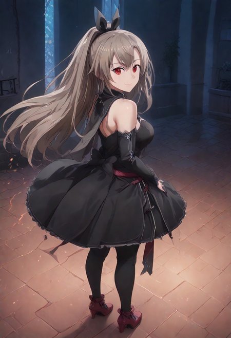 EasyNegativeV2, FastNegativeV2, haganef, overfit style, large breasts, 1girl, solo, thicc big breasts, sexy body , big butt, big breasts, shaggy big breasts, young, big chest, <PUT OVERFIT STYLE IN NEGATIVE PROMPT>, anime, smile,
Eydis, red eyes, light brown hair, long hair, ponytail,
,big breasts, shaggy big breasts, young, mature,
SteelLadyNanaseDress, frilled dress, criss-cross halter, (crosslace corset), thigh straps, black elbow gloves, glossy gloves, red highheels, red bow, black bow,  bare shoulders, (two colored dress, black dress. Silver dress), detailed hands