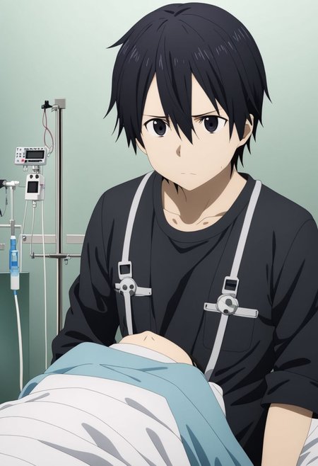 high resolution, professional photography, best quality, 1Boy, Kirigaya Kazuto, Black Hair, Black Eyes, overalldetail, operating room, sick, helpless, patient, hospital