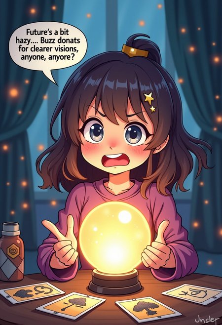 Anime style, cartoon style, funny illustration, Flustered Fortune Teller: A mystical anime girl with a crystal ball and tarot cards around, looking startled as the crystal ball sparks. Put Speech bubble text exactly saying : “Future’s a bit hazy… Buzz donations for clearer visions, anyone?”