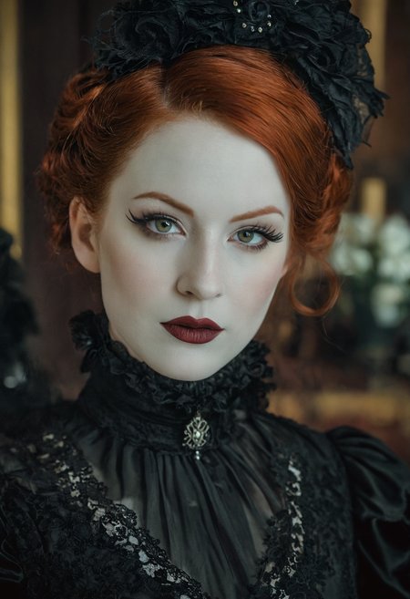 Dark art chdmchlwrd style, close up of a beautiful goth redhead, glamour shoot, (wearing intricate victorian dress), aged photo, macabre, sinister, extremely lifelike, realistic skin texture, raytracing, sharp focus, 8k, hdr, masterpiece, photography, dslr, kodachrome, 35mm photograph, analog film, professional, highly detailed