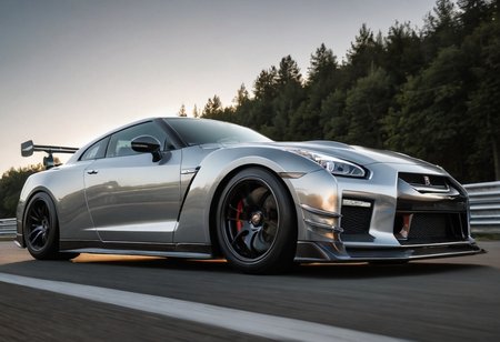 nissan GTR, chrome,cinematic shot, racing, ziprealism