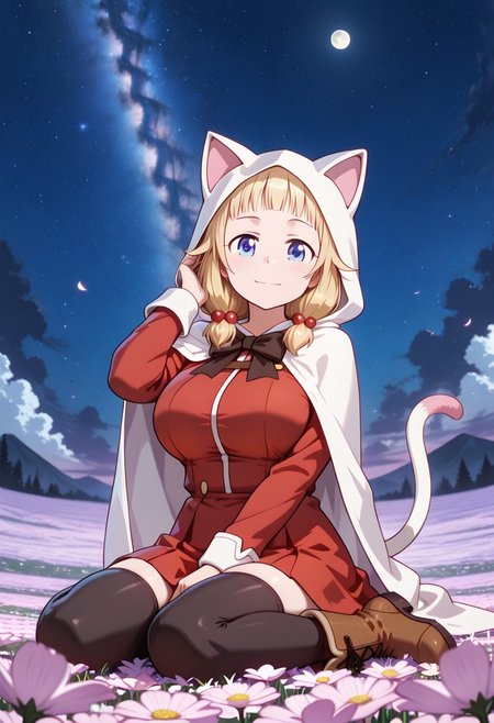 medium depth of field, rule of thirds, masterpiece-level, clean lines, sharp, focused subject, minimalistic composition, masterpiece, amazing quality, best quality, anime screencap, detailed face, detailed eyes, detailed outfit, face focus, best quality hands,
general,highres, ultra-detailed,very aesthetic,best quality ,best hands, perfect anatomy,detailed,
BREAK 1girl, solo, Nene Sakura,blonde_hair, hair bubbles, middle hair, blue_eyes, 
Devout_cos,cat hood,bow,long sleeves,red dress,cape,skirt,thighhighs,boots,tail,
from front, from front, cowboy shot,
wariza, hand in own hair, happy, light smile, looking at viewer,
Flower Field, moon,
outdoors, night sky, strarry sky, milky way, scenery,