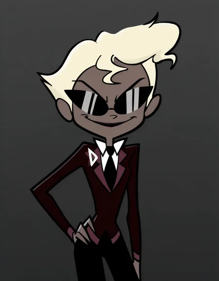 <lora:Agent2Illustrious1.0JLFO:1> agent2, 1girl, solo, blonde hair, suit, formal, sunglasses, necktie, short hair, female focus, black necktie, smile, dark skin, long sleeves, pants, looking at viewer, hand on own hip, cowboy shot,simple background,