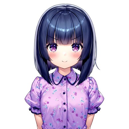 masterpiece, best quality, good quality, very awa, very aesthetic, absurdres, newest,shigure \(nekopara\), 1girl, solo, white background, short sleeves, purple eyes, smile, puffy sleeves, puffy short sleeves, closed mouth, shirt, looking at viewer, purple shirt, blush, floral print,arms behind back, upper body, black hair, collared shirt, blunt bangs, v-shaped eyebrows,<lora:shigure_nekopara:0.8>