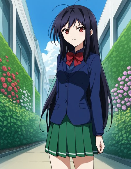 score_9, score_8_up, score_7_up, source_anime, <lora:accelworld-kuroyukihime-s1-ponyxl-lora-nochekaiser:1>, kuroyukihime, long hair, black hair, red eyes, antenna hair,, skirt, bow, brown eyes, school uniform, jacket, blazer, red bowtie, blue blazer, green skirt, pleated skirt, garden, flowers, path, plants, tranquil, , <lora:seductive-smile-ponyxl-lora-nochekaiser:1>, seductive smile, come hither, naughty face,, looking at viewer, solo,, dutch angle, cowboy shot